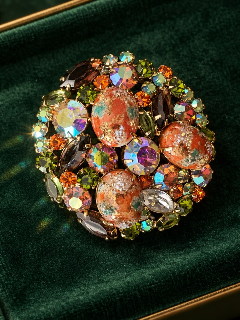 Multicolor Statement Brooch with Orange and Green Accents